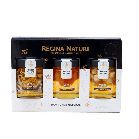Set de miere cu nuci și fructe 250gx3buc (Miere de salcâm cu miez de nuci, Miere de salcâm cu caise, Miere de salcâm cu alune de pădure)