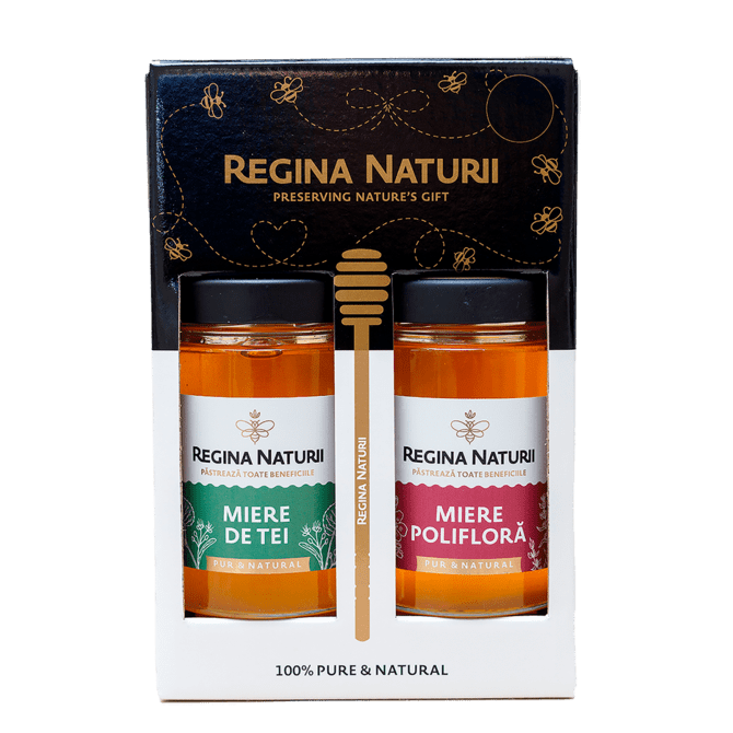Set Miere 380g*2buc.(Miere de tei, Miere polifloră & linguriță din lemn pentru miere H-160mm)